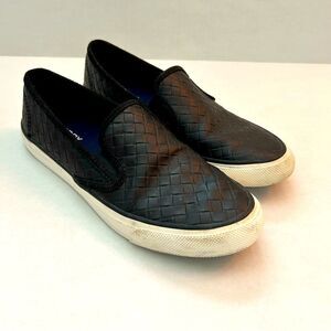 Sperry womens Black Woven Leather Loafers Size 9